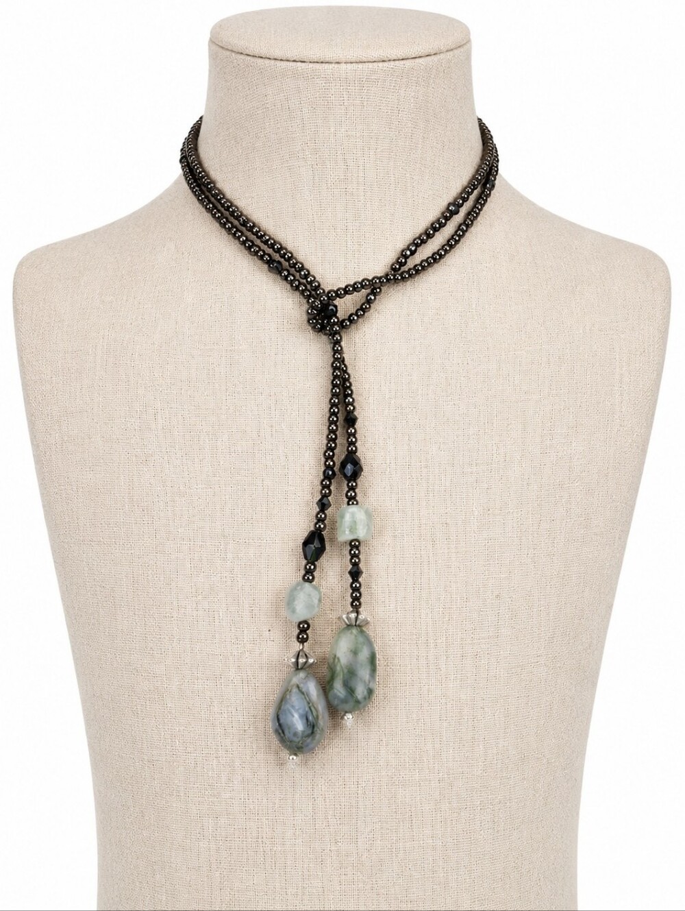 “Handmade Beaded Lariat Necklace Black Glass Seed Beads Green Gray Stone Drops”